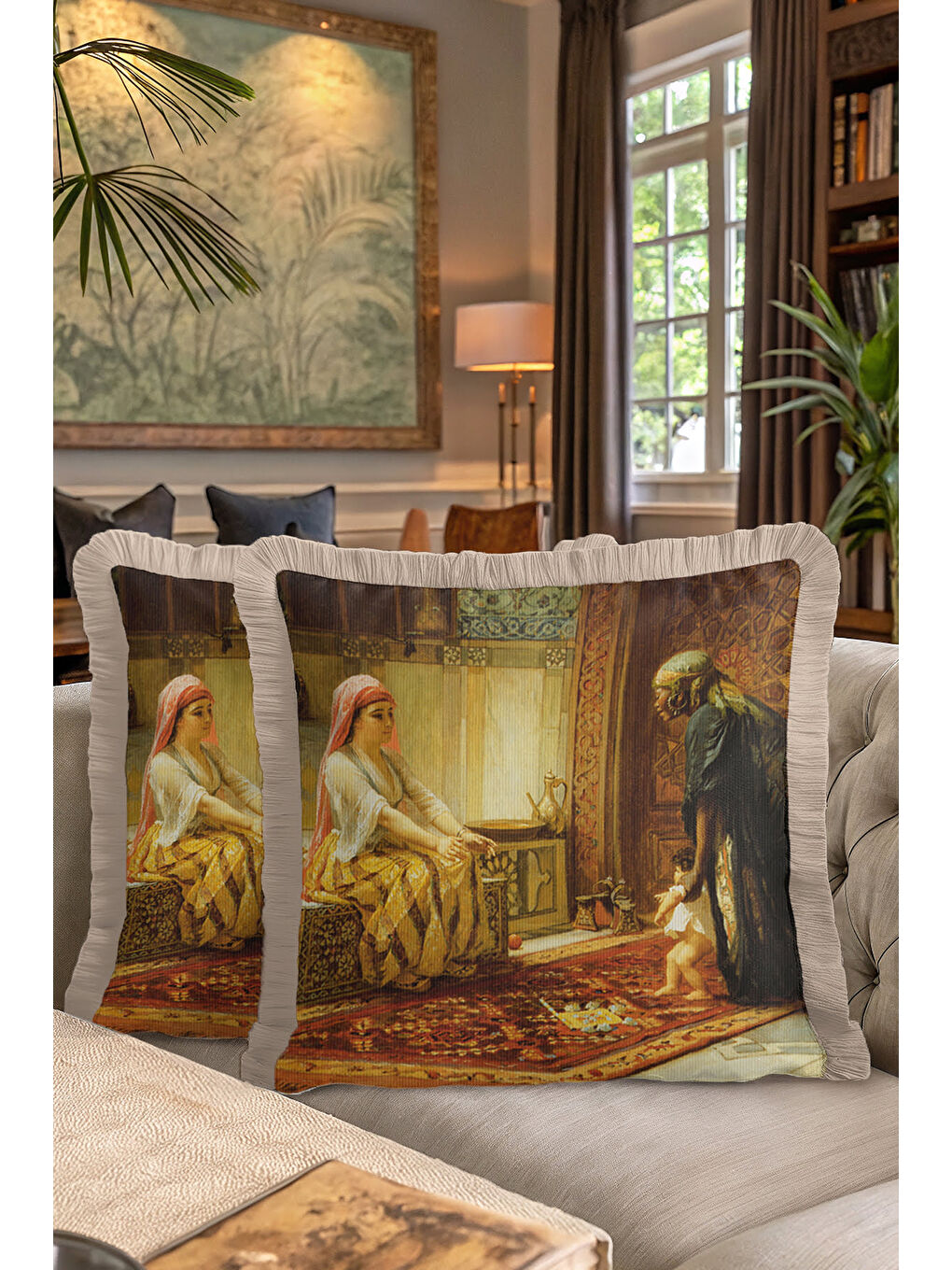 Karışık Oryantal Saray Sanatı Saçaklı Yastık Kılıfı - Klasik Osmanlı Kahverengi Püsküllü Kırlent Kılıfı-7