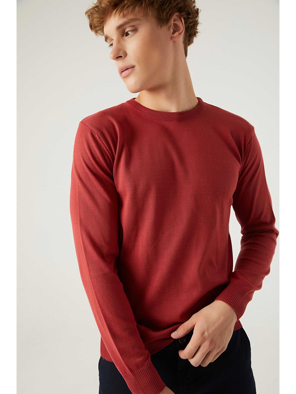 Kırmızı Regular Fit Nar Çiçeği Tüylenme Yapmayan Bisiklet Yaka Pamuklu Triko Kazak-1