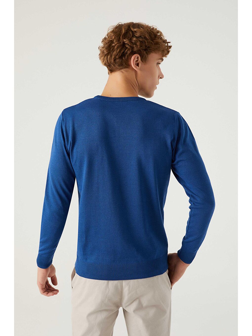 Regular Fit Mavi Tüylenme Yapmayan Bisiklet Yaka Pamuklu Triko Kazak-5