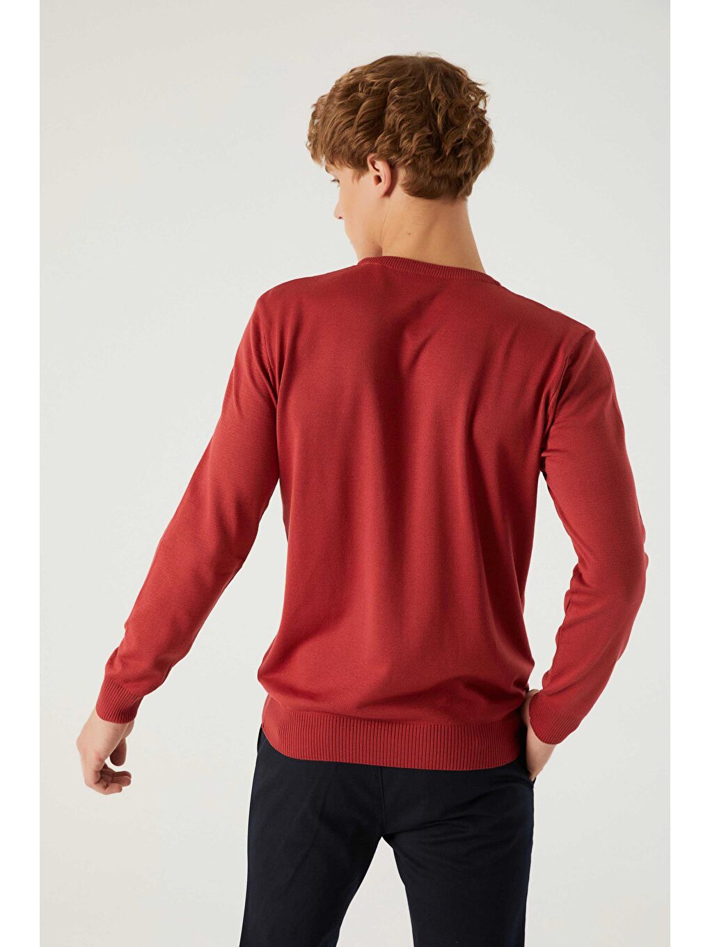 Kırmızı Regular Fit Nar Çiçeği Tüylenme Yapmayan Bisiklet Yaka Pamuklu Triko Kazak-3