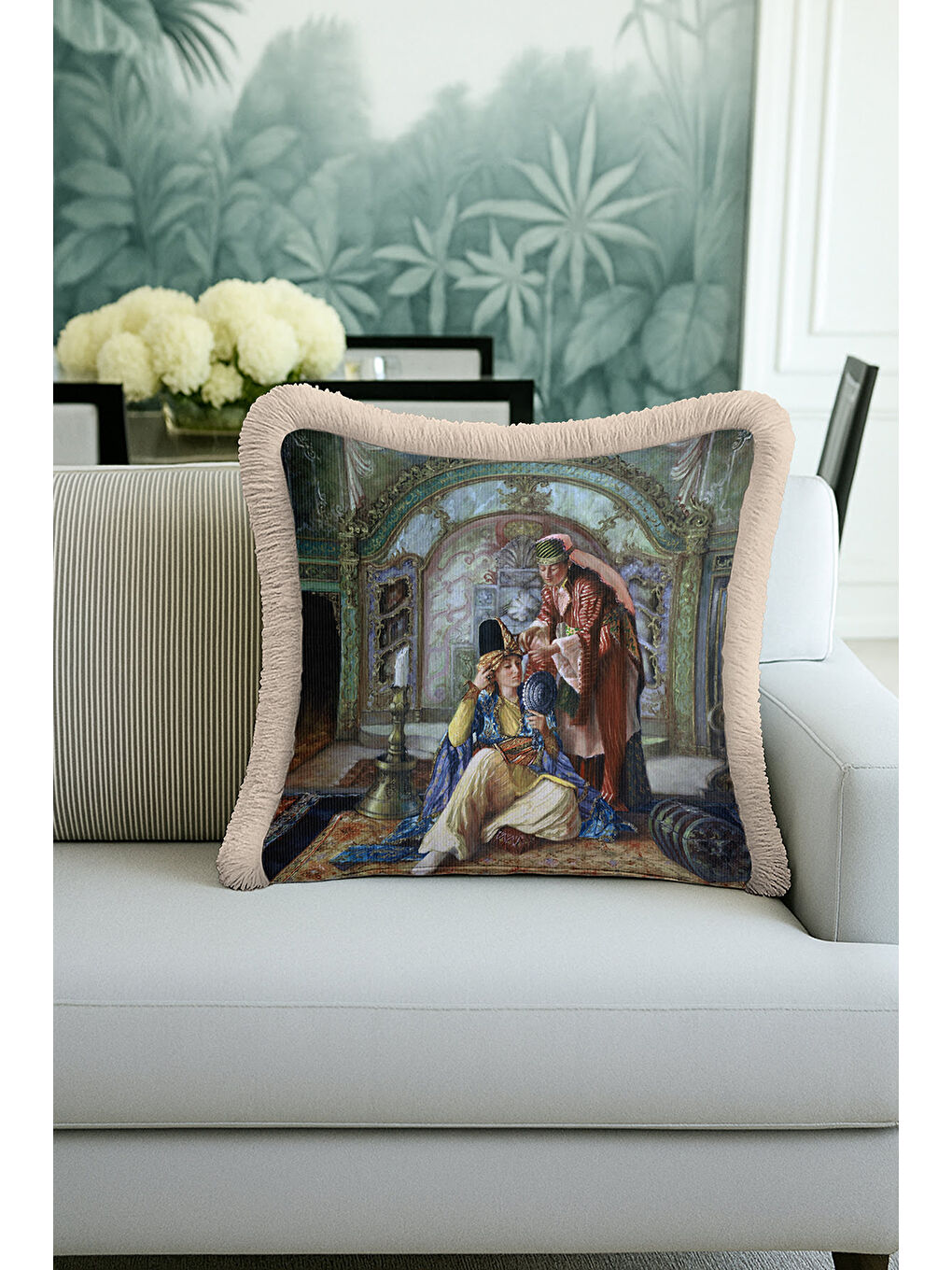 Karışık Saray ihtişamı detaylı Saçaklı Yastık Kılıfı - Osmanlı hanedan nostaljik bej Püsküllü Kırlent Kılıfı-1