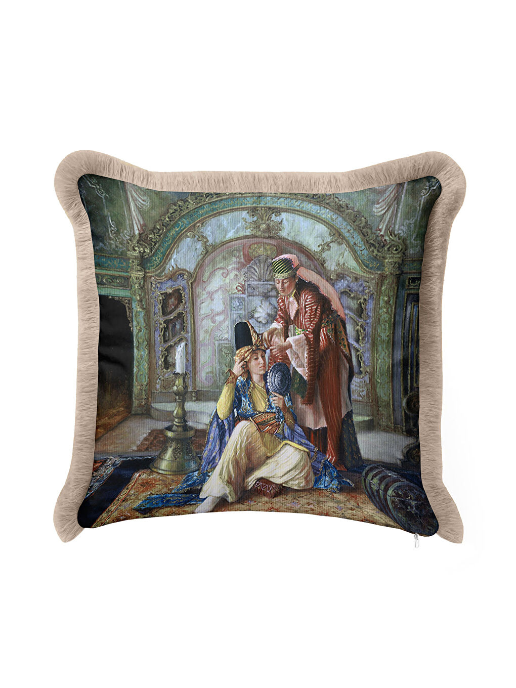 Karışık Saray ihtişamı detaylı Saçaklı Yastık Kılıfı - Osmanlı hanedan nostaljik bej Püsküllü Kırlent Kılıfı-2