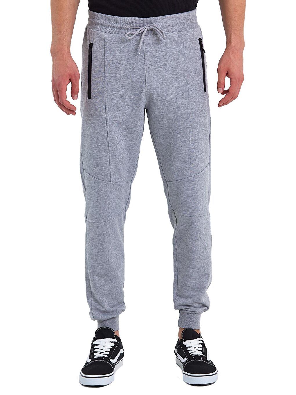 Gri Erkek Cep Fermuarlı Ribana Paça Alt Jogger Eşofman Altı