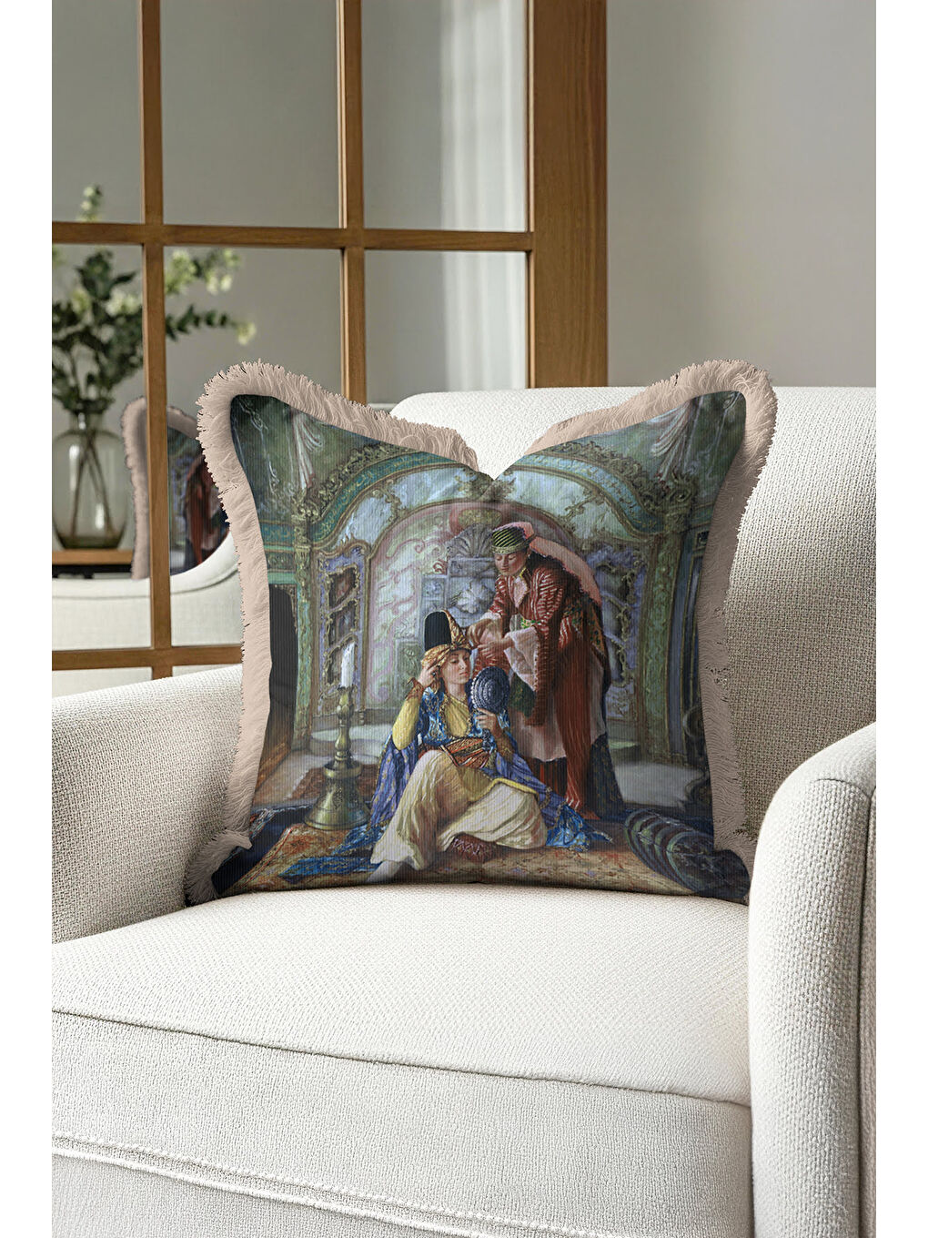 Karışık Saray ihtişamı detaylı Saçaklı Yastık Kılıfı - Osmanlı hanedan nostaljik bej Püsküllü Kırlent Kılıfı-3