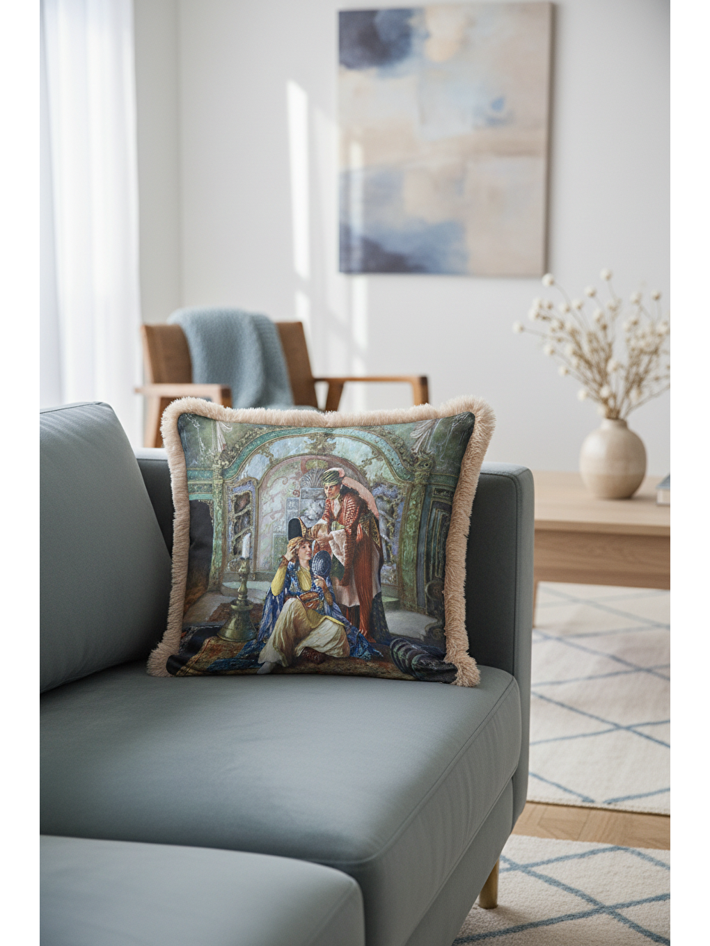 Karışık Saray ihtişamı detaylı Saçaklı Yastık Kılıfı - Osmanlı hanedan nostaljik bej Püsküllü Kırlent Kılıfı-4