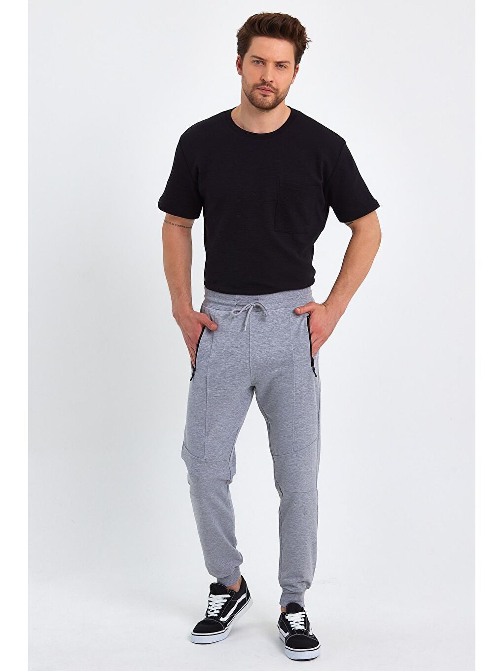 Gri Erkek Cep Fermuarlı Ribana Paça Alt Jogger Eşofman Altı-1