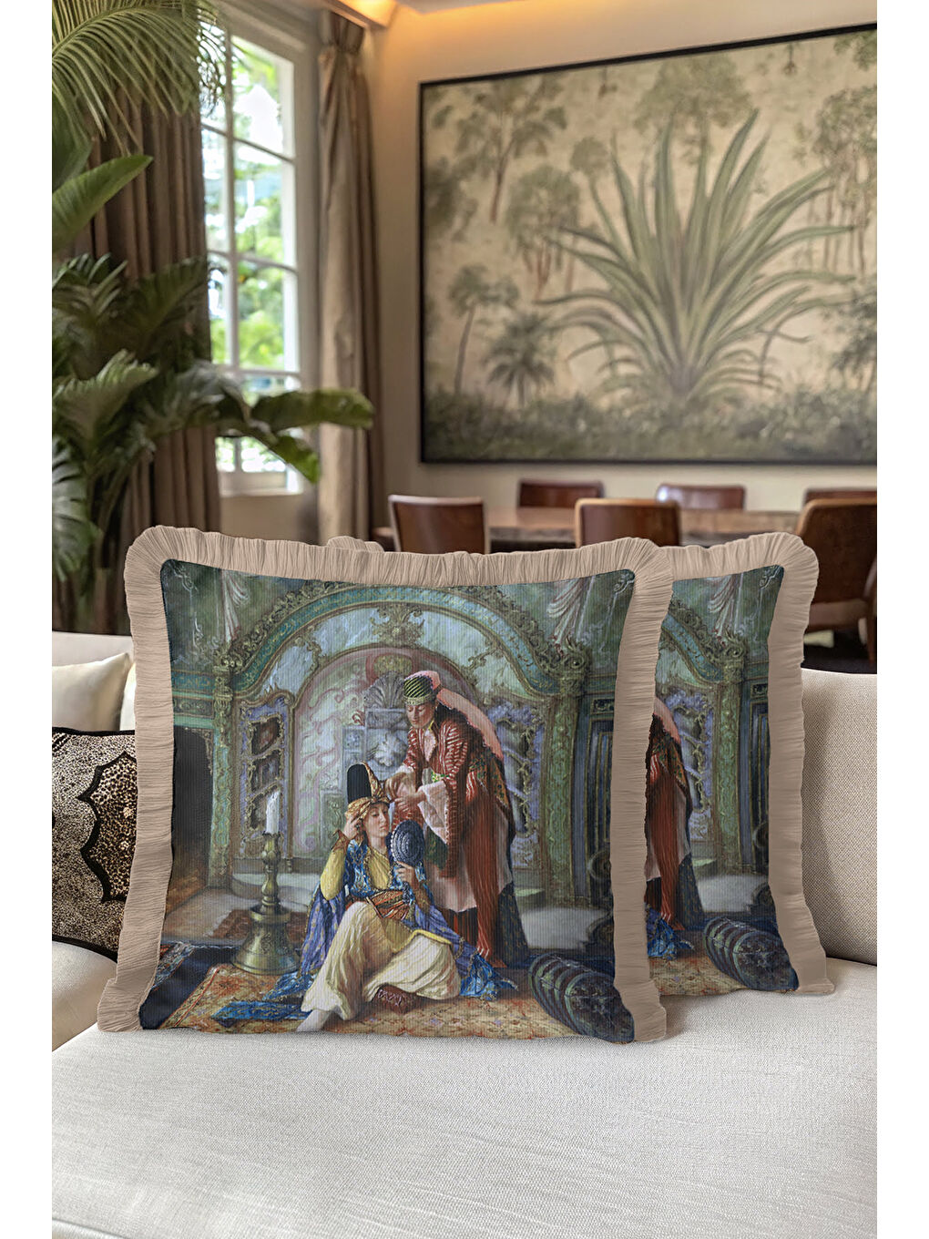 Karışık Saray ihtişamı detaylı Saçaklı Yastık Kılıfı - Osmanlı hanedan nostaljik bej Püsküllü Kırlent Kılıfı-5