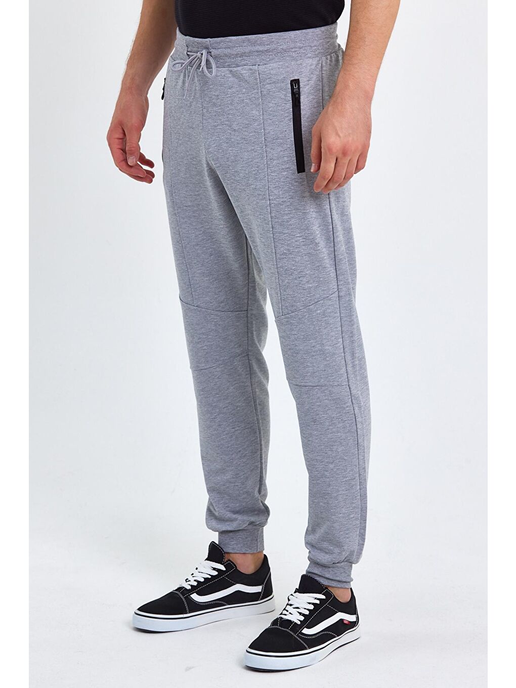 Gri Erkek Cep Fermuarlı Ribana Paça Alt Jogger Eşofman Altı-2
