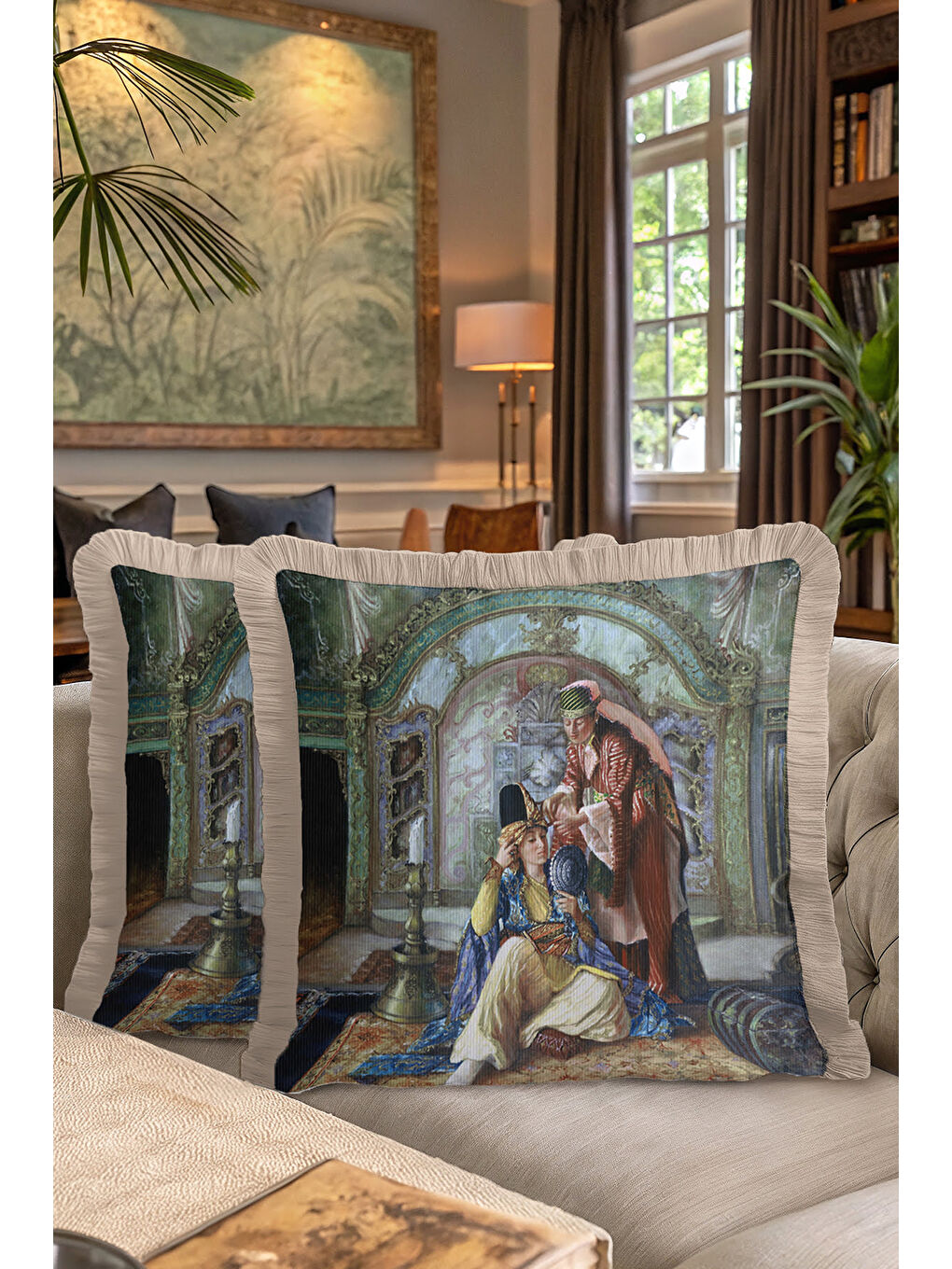 Karışık Saray ihtişamı detaylı Saçaklı Yastık Kılıfı - Osmanlı hanedan nostaljik bej Püsküllü Kırlent Kılıfı-7