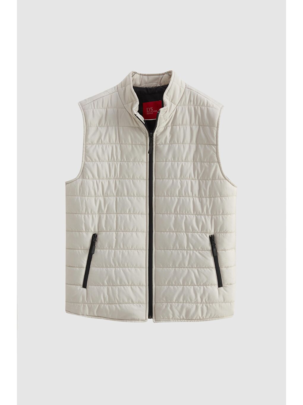 Bej Regular Fit Taş Dik Yaka Elyaf Dolgulu Mevsimlik Fermuarlı Şişme Yelek Mont-4