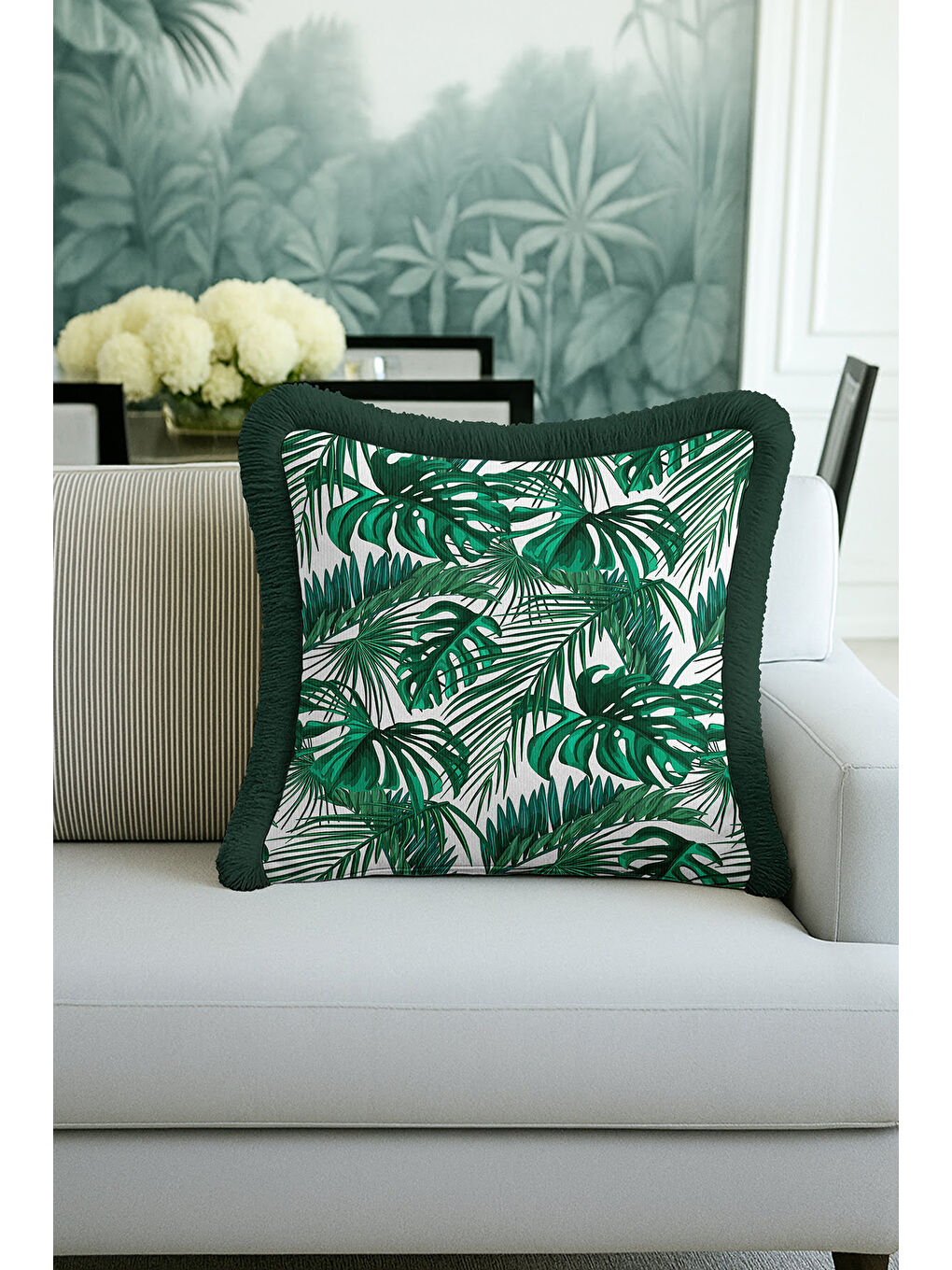 Karışık Tropikal Yaprak Motifli Saçaklı Yastık Kılıfı - Doğal Yeşil Botanik Modern Püsküllü Kırlent Kılıfı
