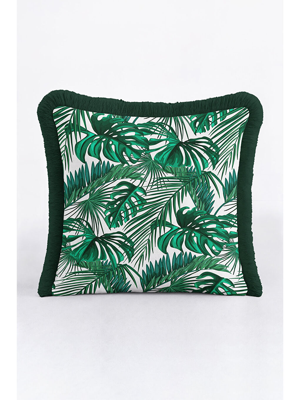 Karışık Tropikal Yaprak Motifli Saçaklı Yastık Kılıfı - Doğal Yeşil Botanik Modern Püsküllü Kırlent Kılıfı-1