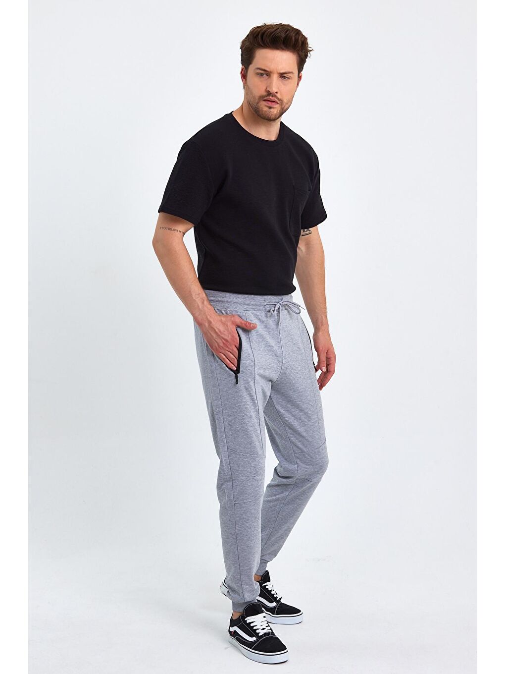 Gri Erkek Cep Fermuarlı Ribana Paça Alt Jogger Eşofman Altı-4