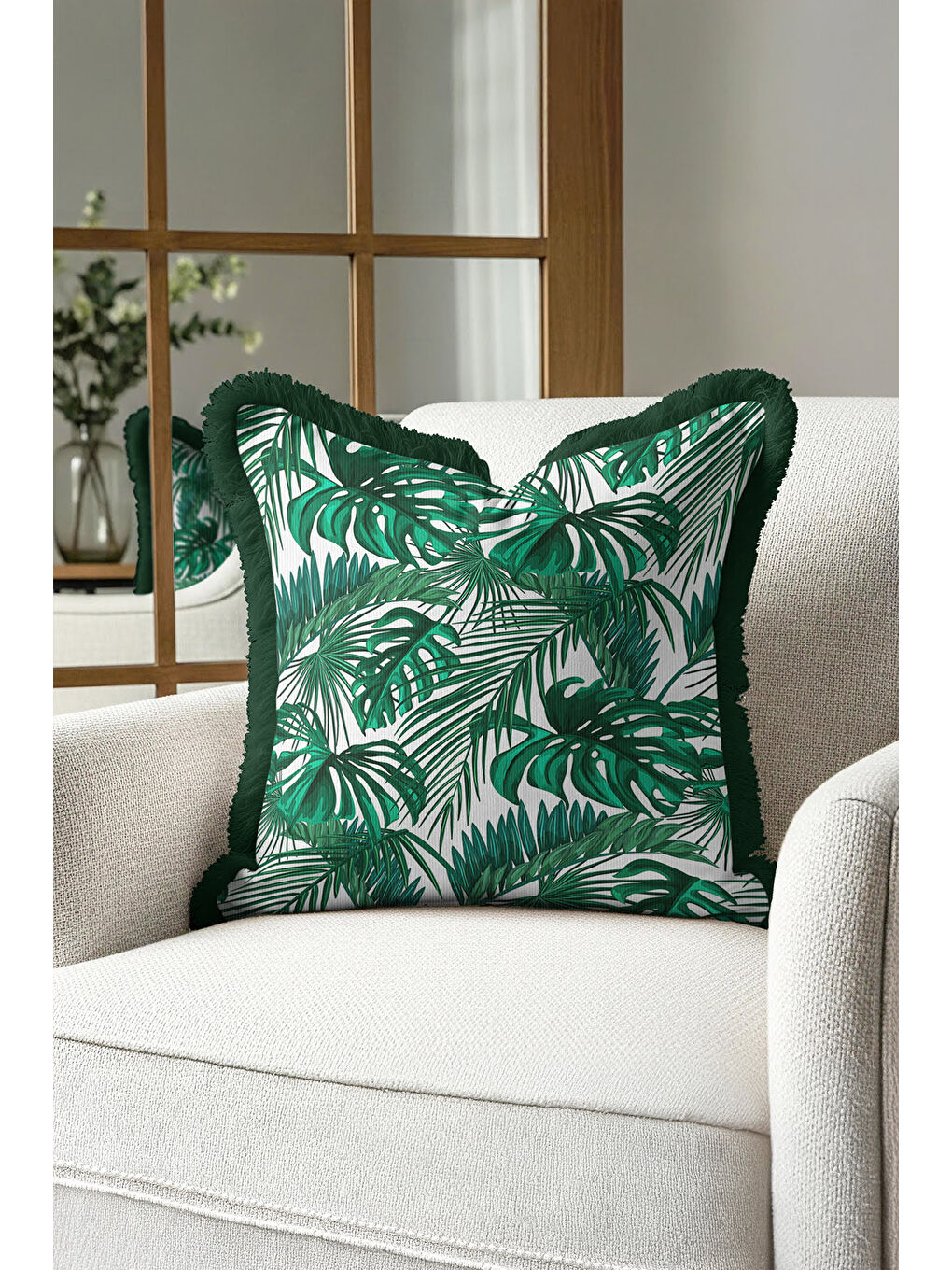 Karışık Tropikal Yaprak Motifli Saçaklı Yastık Kılıfı - Doğal Yeşil Botanik Modern Püsküllü Kırlent Kılıfı-2