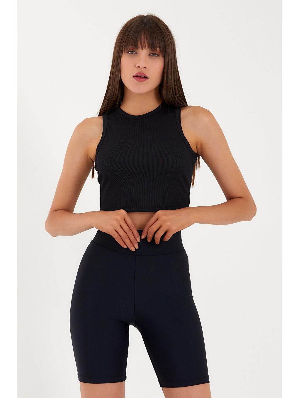 Siyah Kadın Bisiklet Yaka Crop-1