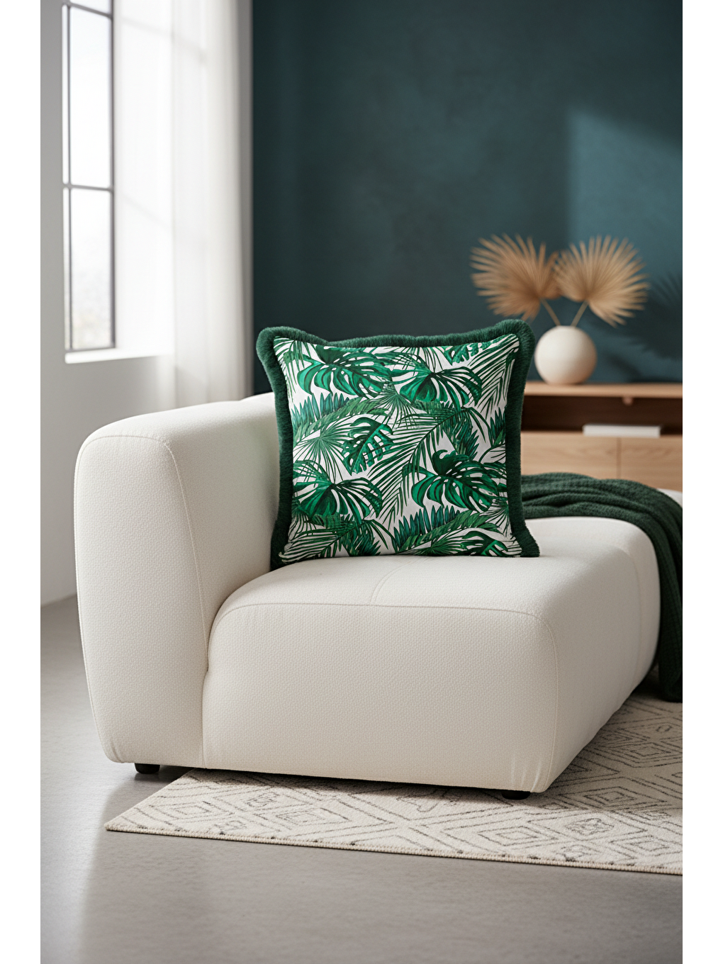 Karışık Tropikal Yaprak Motifli Saçaklı Yastık Kılıfı - Doğal Yeşil Botanik Modern Püsküllü Kırlent Kılıfı-3