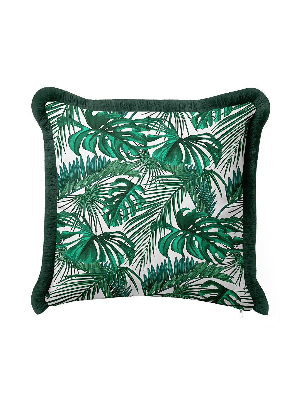 Karışık Tropikal Yaprak Motifli Saçaklı Yastık Kılıfı - Doğal Yeşil Botanik Modern Püsküllü Kırlent Kılıfı-4