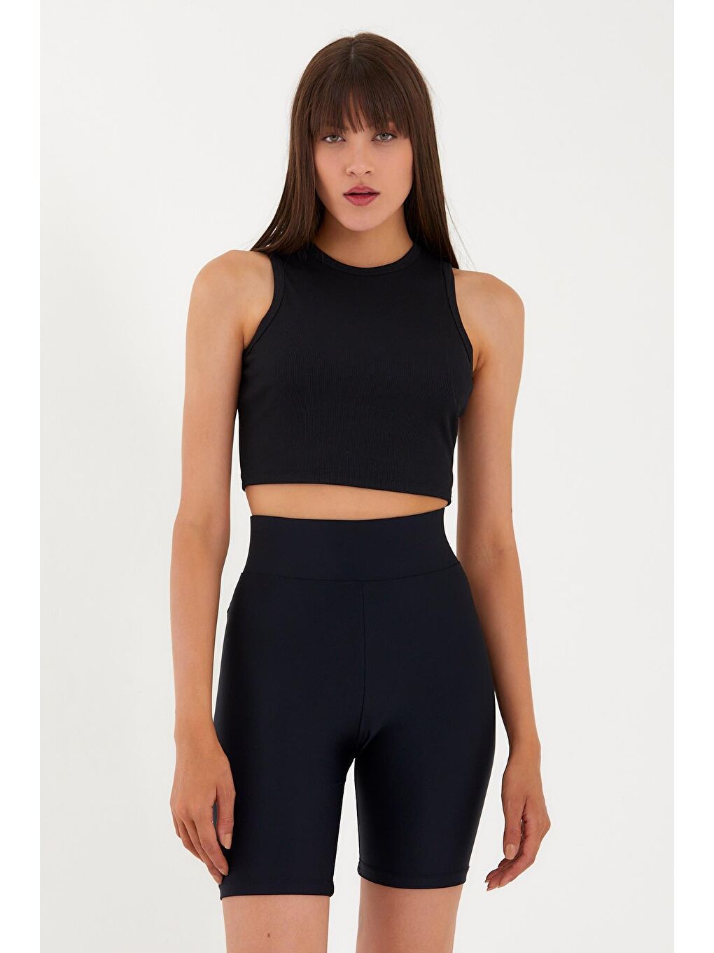 Siyah Kadın Bisiklet Yaka Crop-3