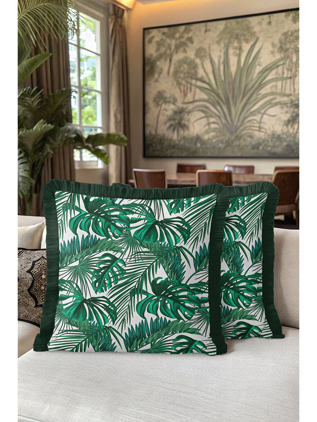 Karışık Tropikal Yaprak Motifli Saçaklı Yastık Kılıfı - Doğal Yeşil Botanik Modern Püsküllü Kırlent Kılıfı-5