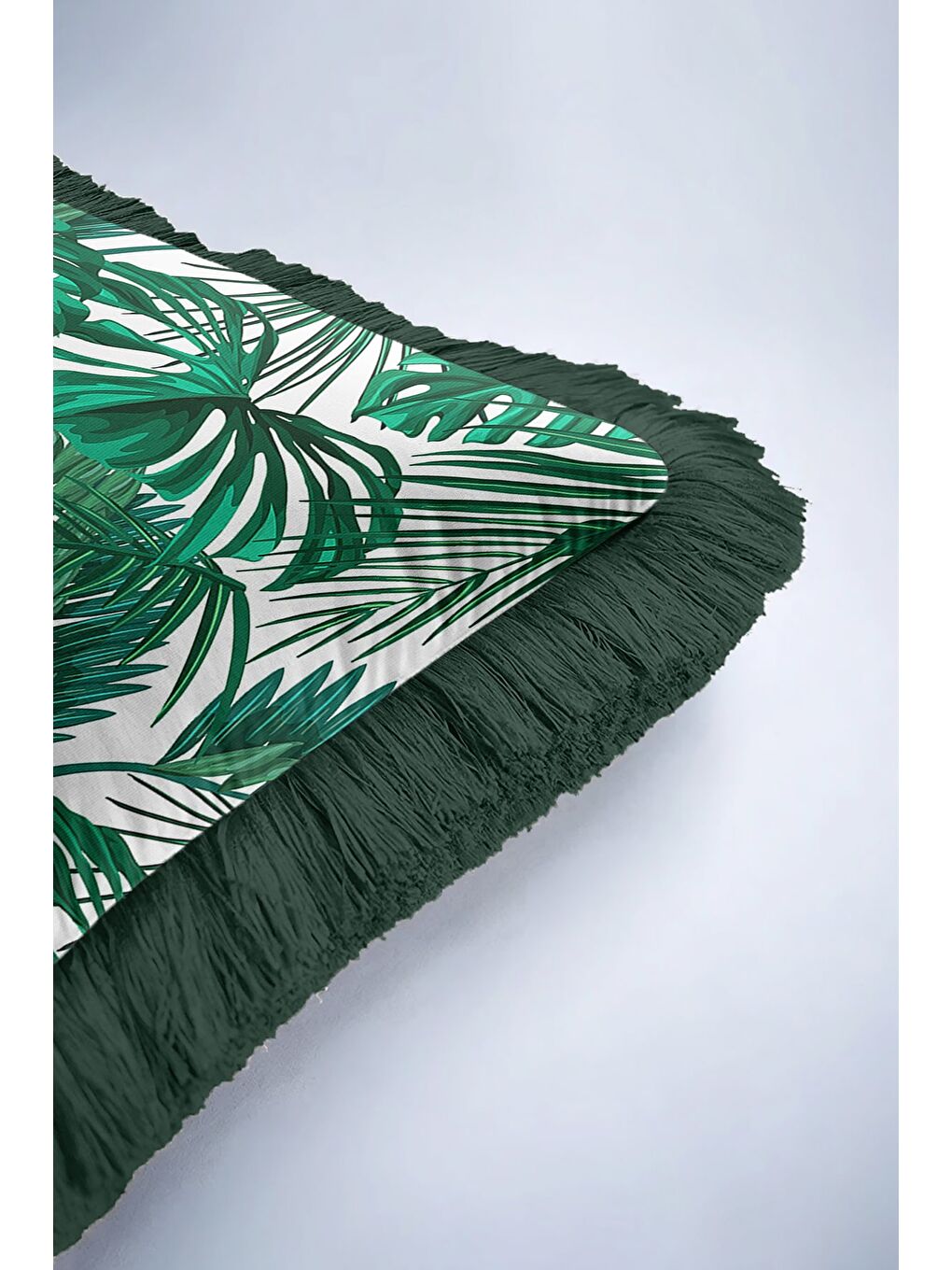 Karışık Tropikal Yaprak Motifli Saçaklı Yastık Kılıfı - Doğal Yeşil Botanik Modern Püsküllü Kırlent Kılıfı-6