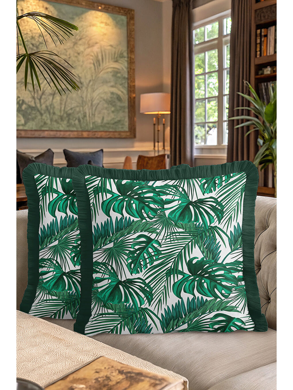 Karışık Tropikal Yaprak Motifli Saçaklı Yastık Kılıfı - Doğal Yeşil Botanik Modern Püsküllü Kırlent Kılıfı-7