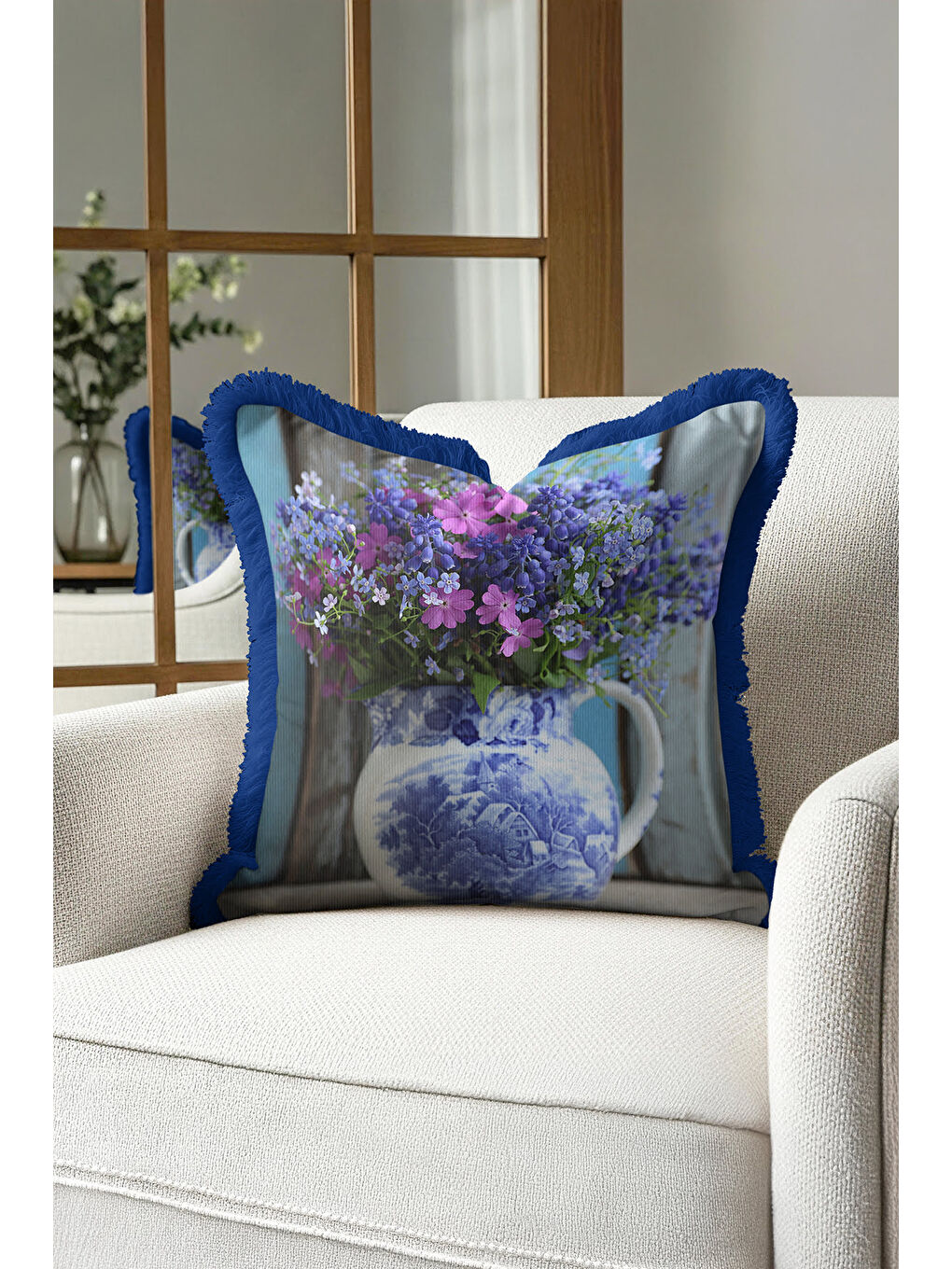 Karışık Lüks Çiçek Vazolu Saçaklı Yastık Kılıfı - Vintage Country Mavi Mor Püsküllü Kırlent Kılıfı