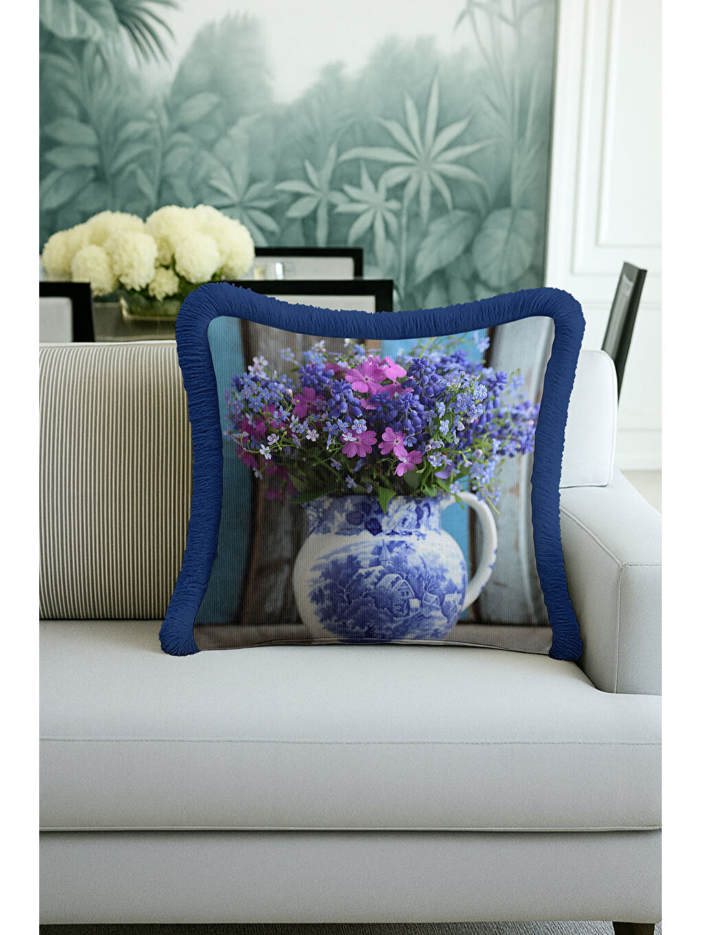 Karışık Lüks Çiçek Vazolu Saçaklı Yastık Kılıfı - Vintage Country Mavi Mor Püsküllü Kırlent Kılıfı-1