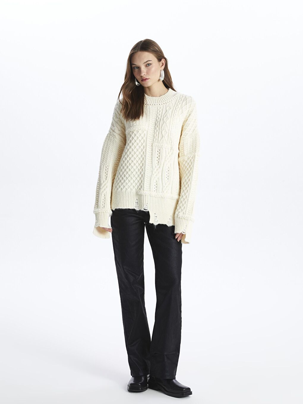 Positano - Bisiklet Yaka Rahat Kalıp Örgü Detaylı Parçalı Triko Kazak - Ekru Renk-1