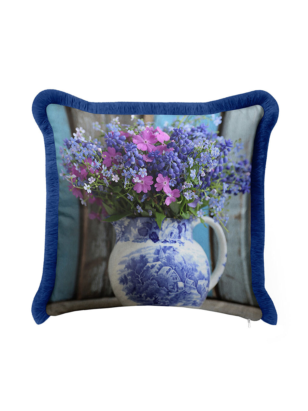 Karışık Lüks Çiçek Vazolu Saçaklı Yastık Kılıfı - Vintage Country Mavi Mor Püsküllü Kırlent Kılıfı-2