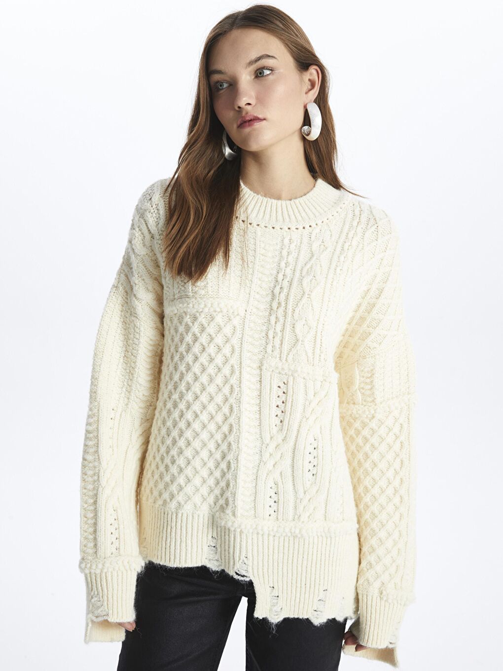 Positano - Bisiklet Yaka Rahat Kalıp Örgü Detaylı Parçalı Triko Kazak - Ekru Renk-2