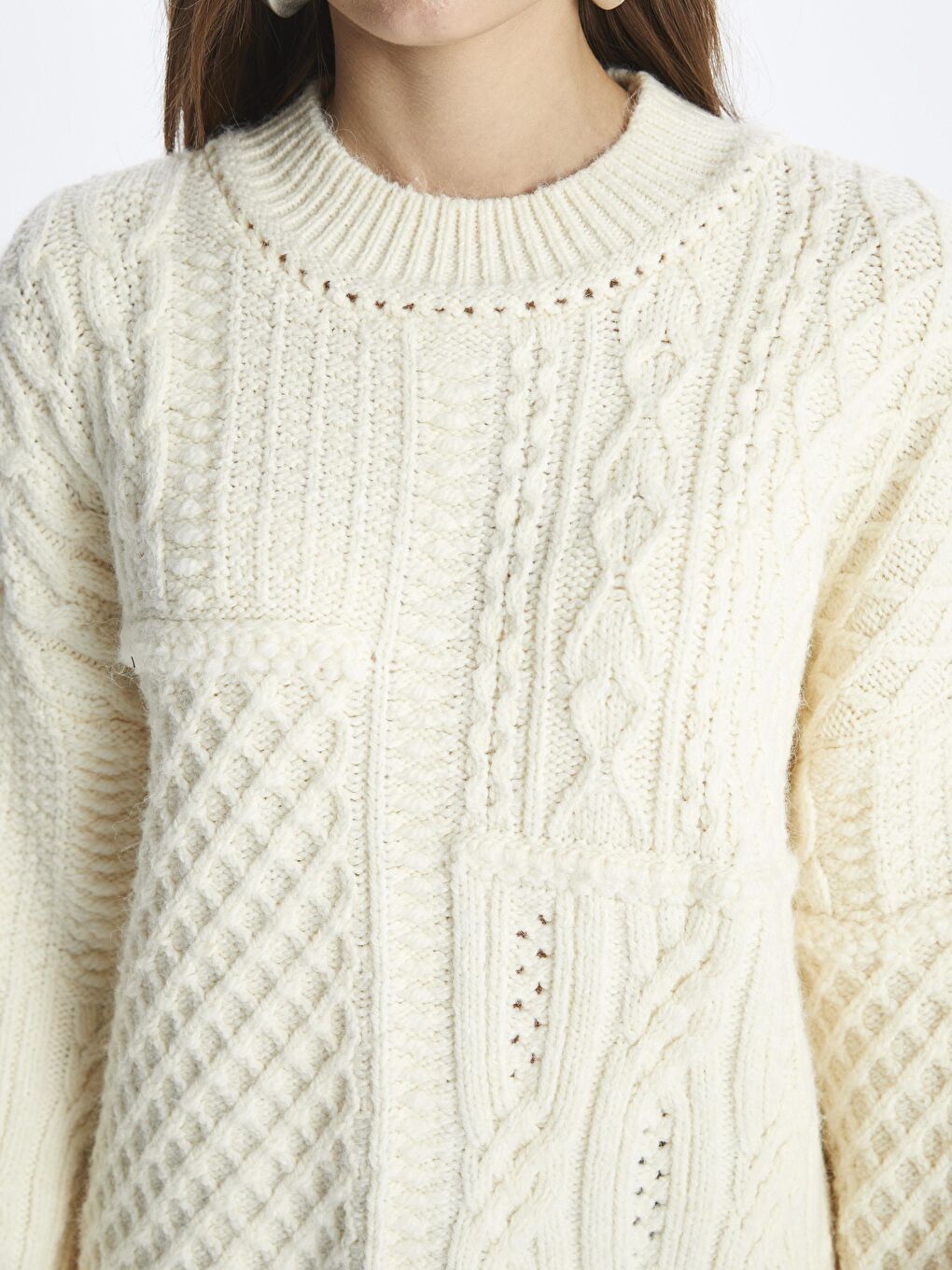 Positano - Bisiklet Yaka Rahat Kalıp Örgü Detaylı Parçalı Triko Kazak - Ekru Renk-3