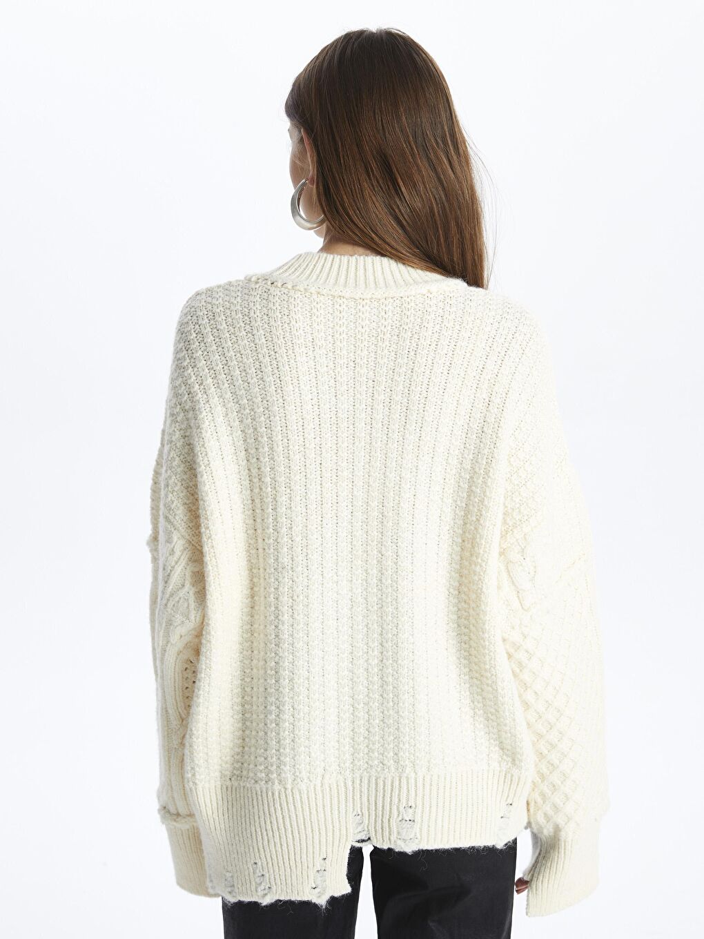 Positano - Bisiklet Yaka Rahat Kalıp Örgü Detaylı Parçalı Triko Kazak - Ekru Renk-4