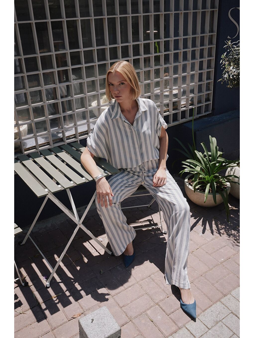 Çizgili Kısa Kol Gömlek - Lacivert