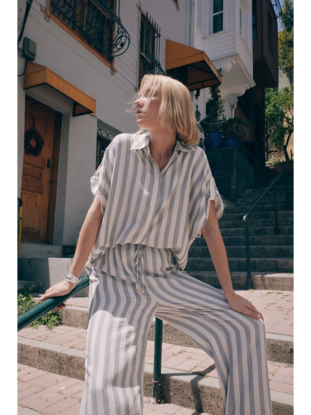 Çizgili Kısa Kol Gömlek - Lacivert-1