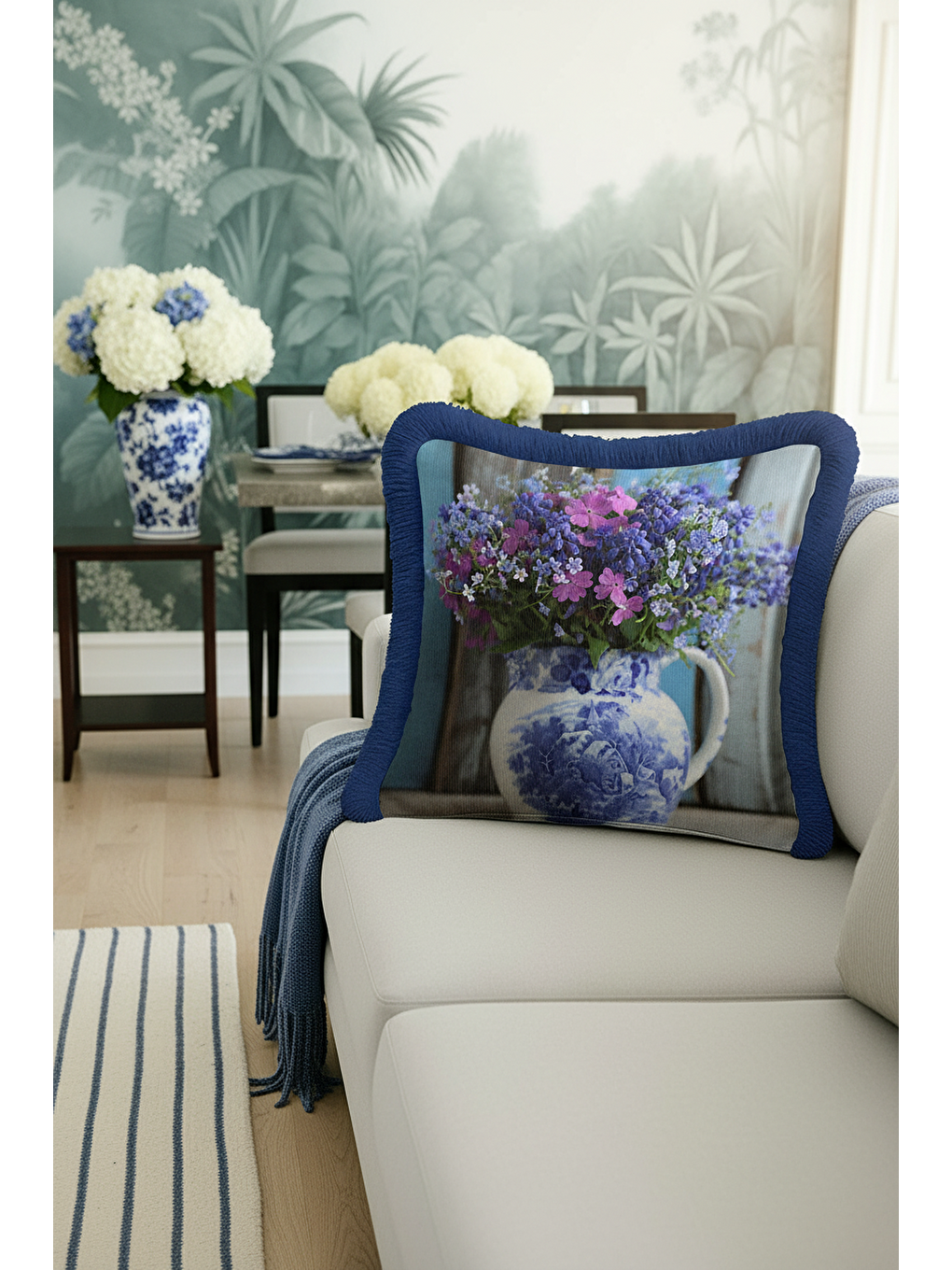 Karışık Lüks Çiçek Vazolu Saçaklı Yastık Kılıfı - Vintage Country Mavi Mor Püsküllü Kırlent Kılıfı-3