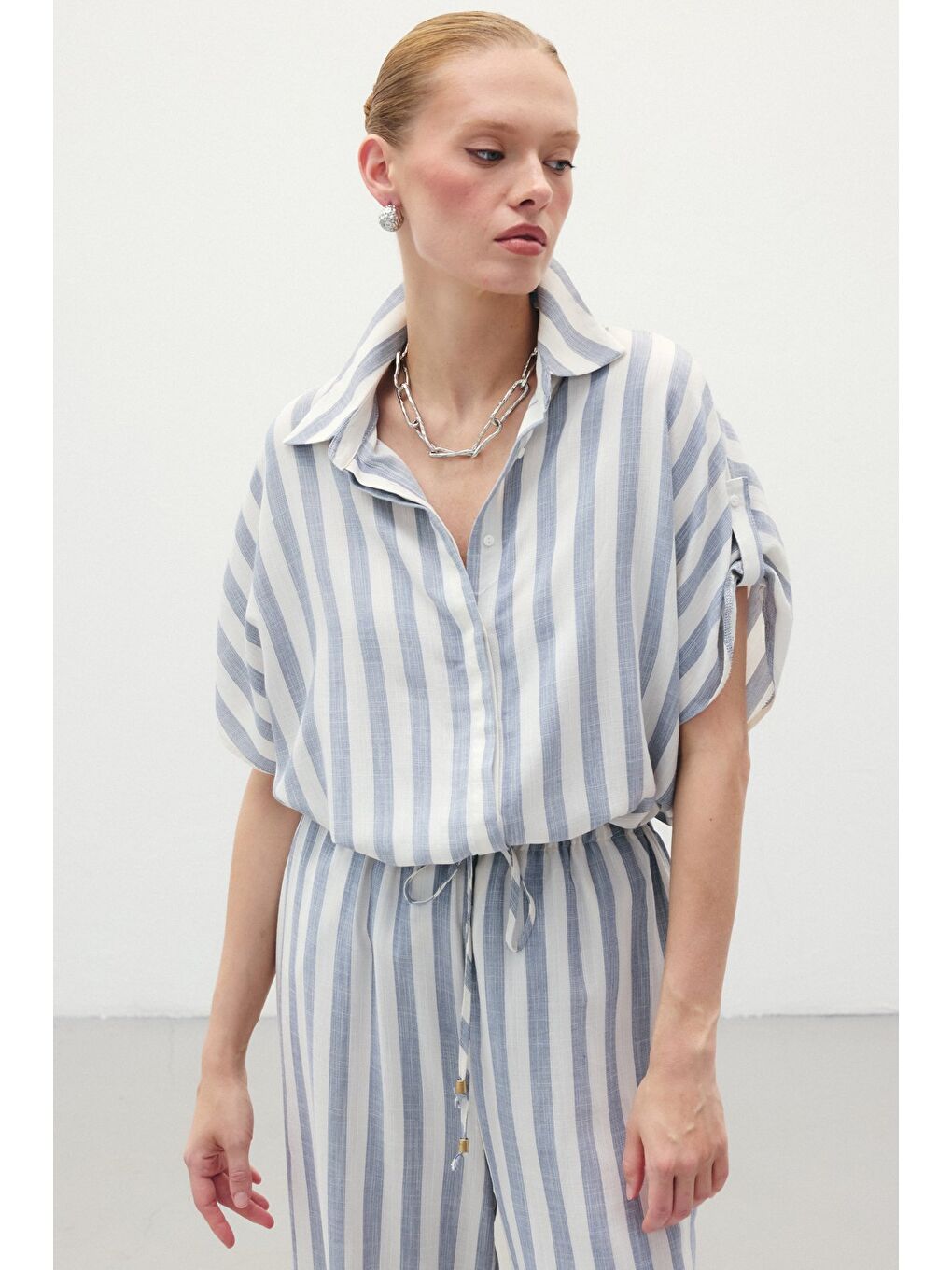 Çizgili Kısa Kol Gömlek - Lacivert-2