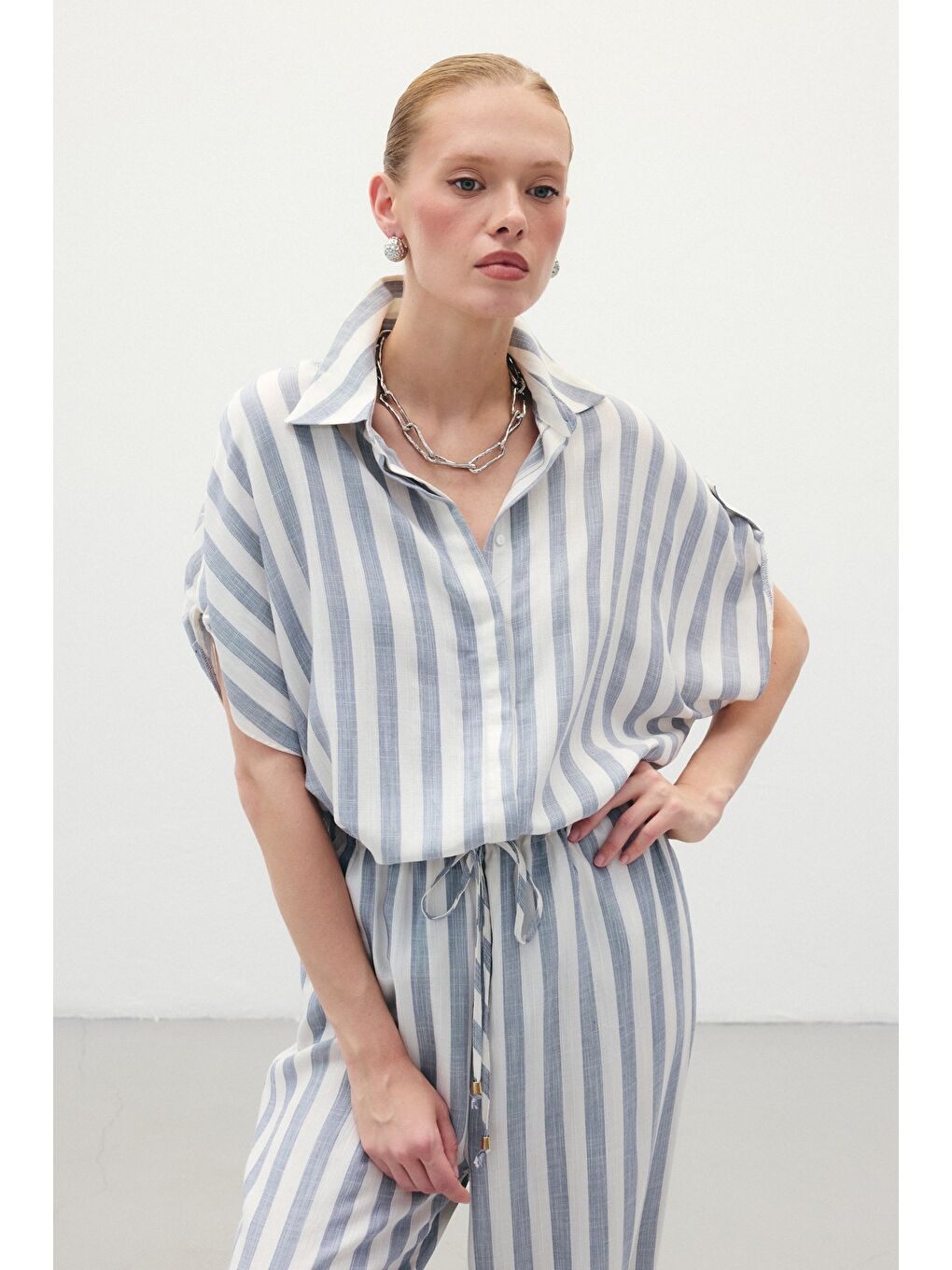 Çizgili Kısa Kol Gömlek - Lacivert-3