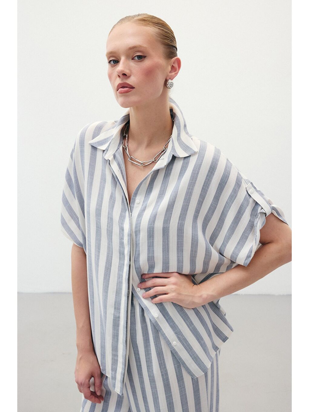 Çizgili Kısa Kol Gömlek - Lacivert-5