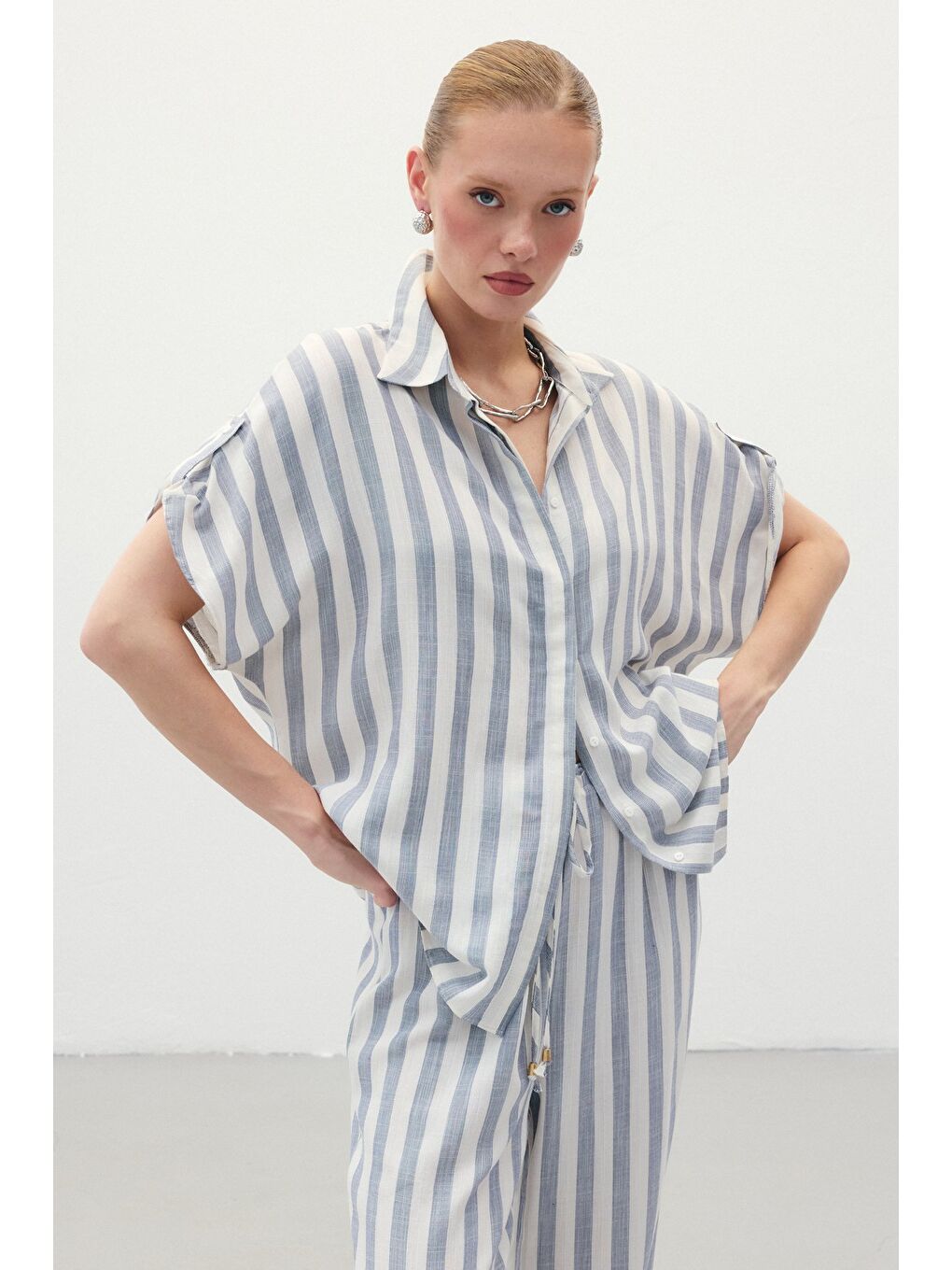 Çizgili Kısa Kol Gömlek - Lacivert-6