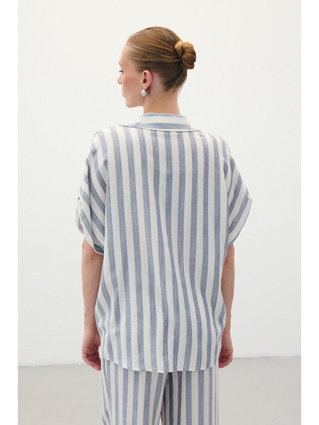 Çizgili Kısa Kol Gömlek - Lacivert-7