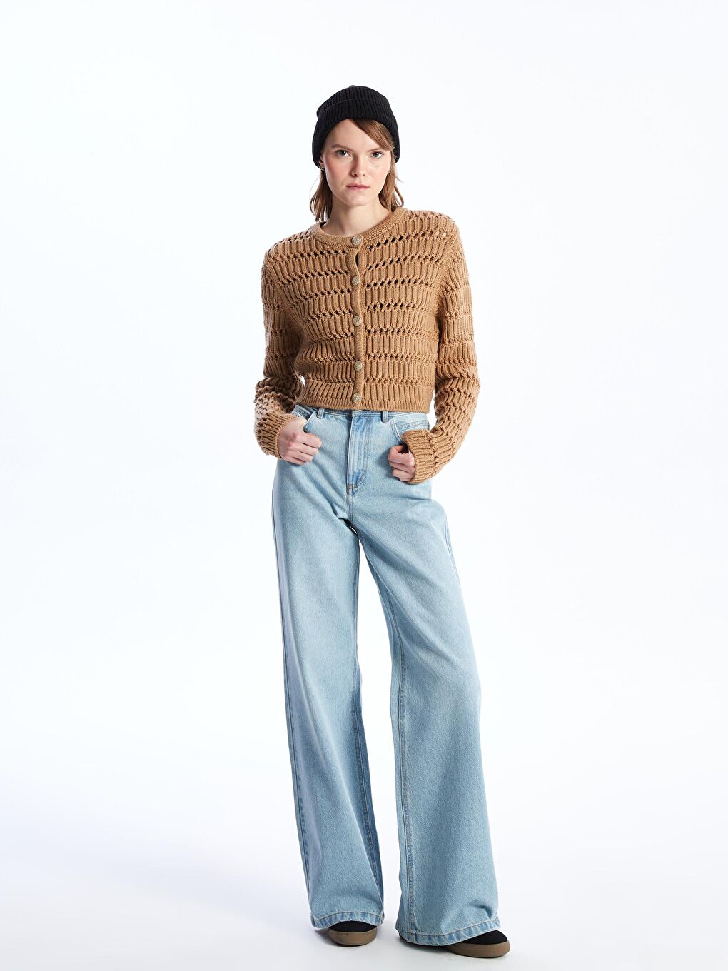 Rimine - Örgü Detaylı Yumuşak Dokulu Regular Fit Düğmeli Triko Hırka - Kahverengi Renk-1