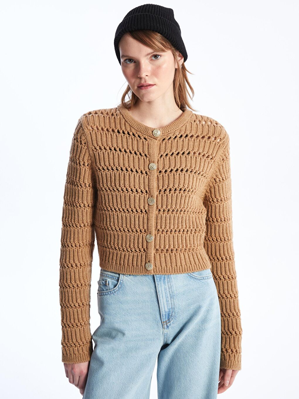 Rimine - Örgü Detaylı Yumuşak Dokulu Regular Fit Düğmeli Triko Hırka - Kahverengi Renk-2