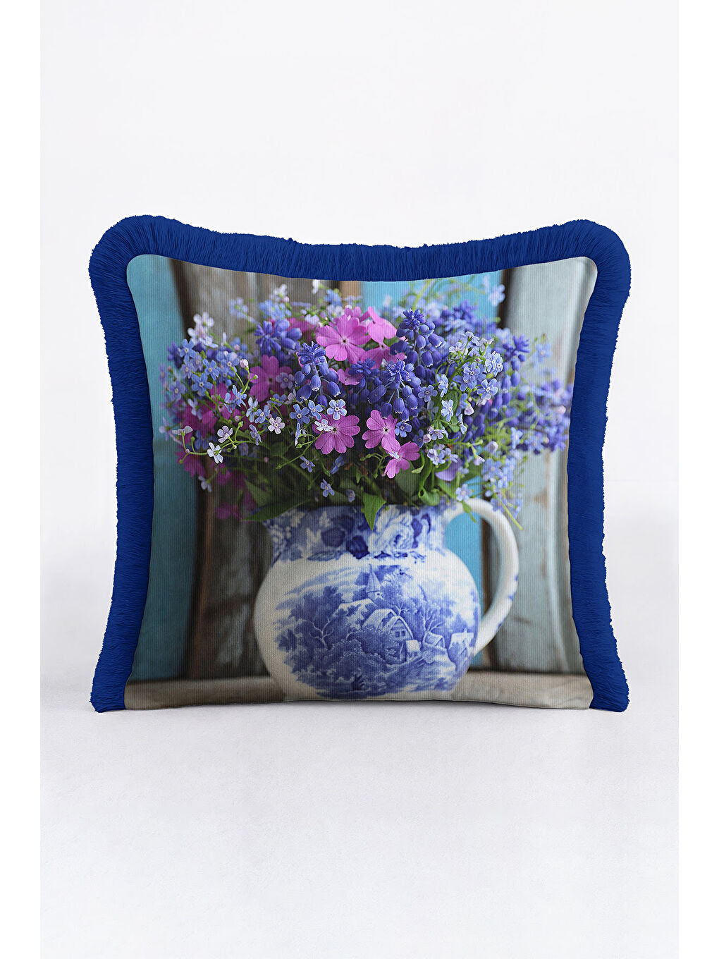 Karışık Lüks Çiçek Vazolu Saçaklı Yastık Kılıfı - Vintage Country Mavi Mor Püsküllü Kırlent Kılıfı-4