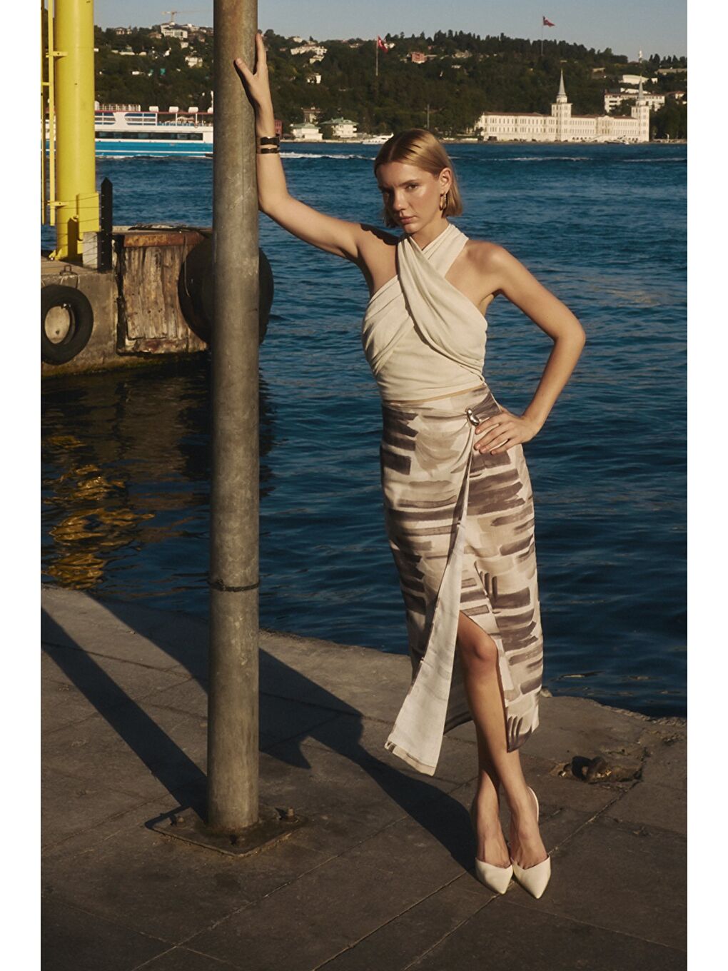 Bej Desenli Keten Kalem Etek - Taş