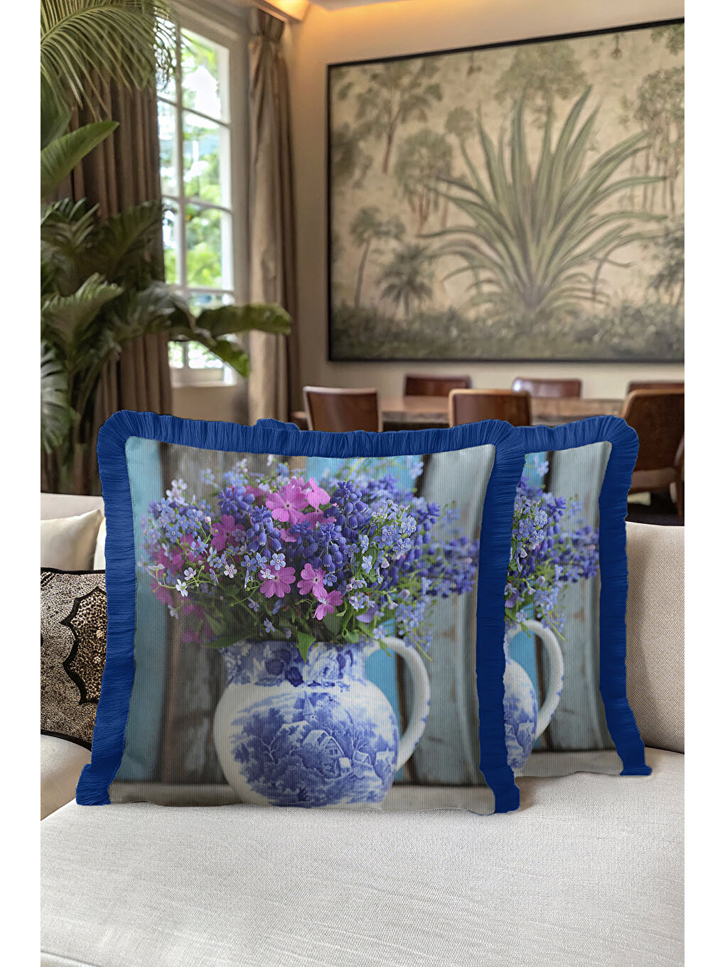 Karışık Lüks Çiçek Vazolu Saçaklı Yastık Kılıfı - Vintage Country Mavi Mor Püsküllü Kırlent Kılıfı-5