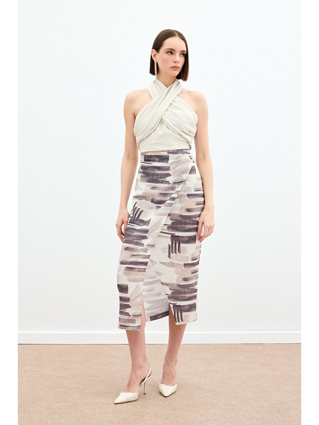 Bej Desenli Keten Kalem Etek - Taş-3