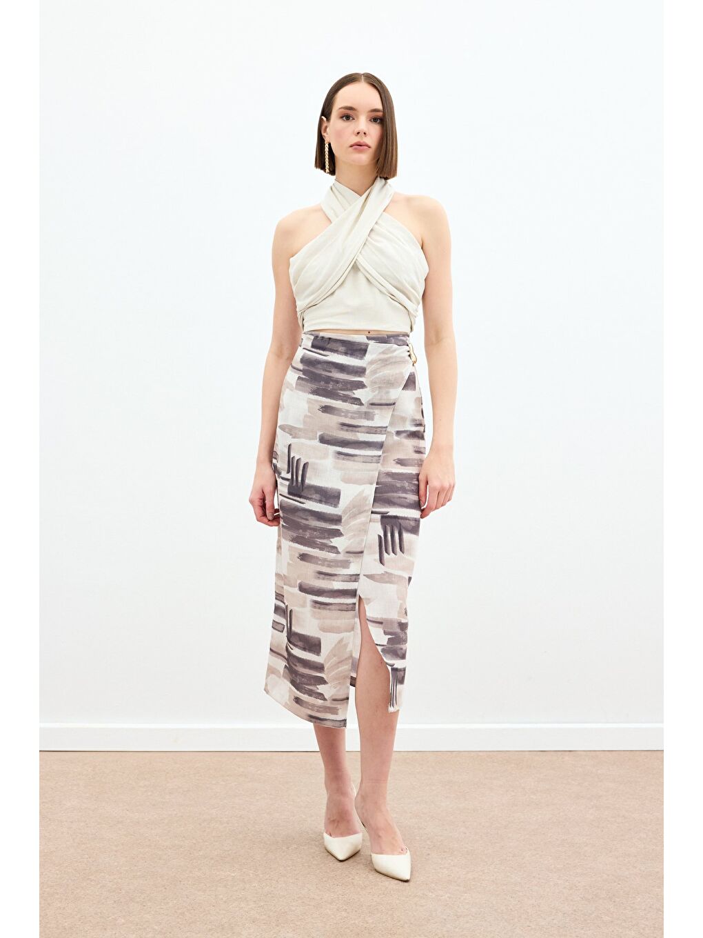 Bej Desenli Keten Kalem Etek - Taş-4