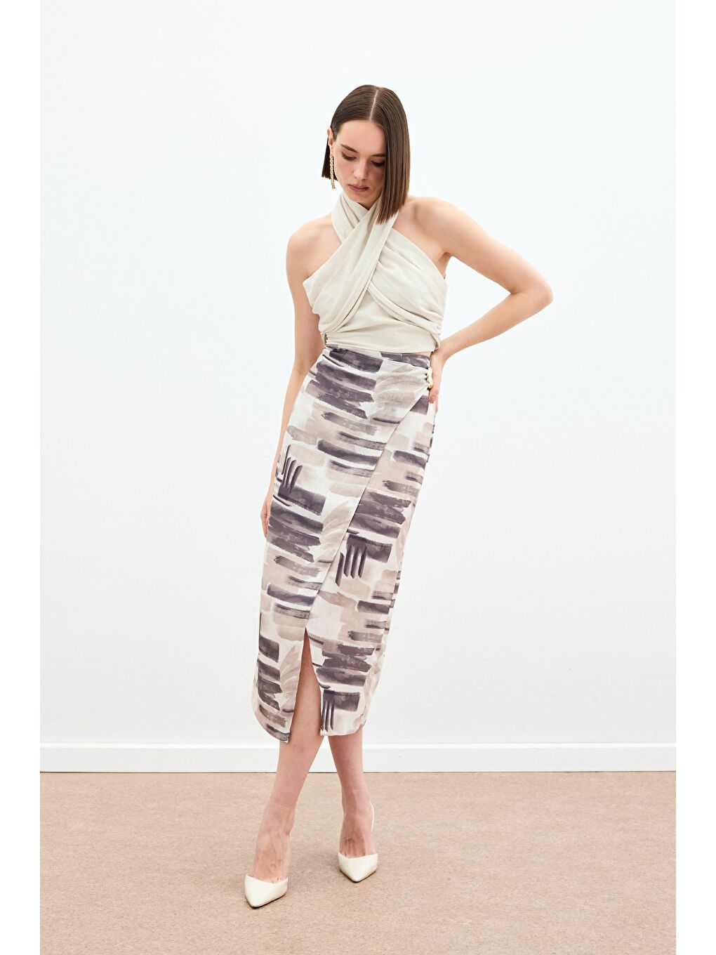 Bej Desenli Keten Kalem Etek - Taş-5