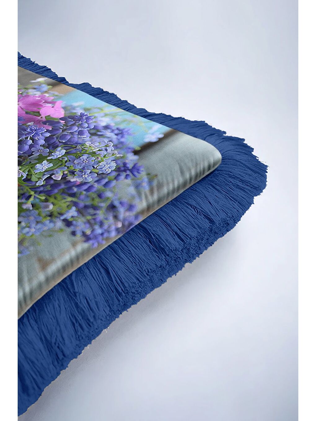 Karışık Lüks Çiçek Vazolu Saçaklı Yastık Kılıfı - Vintage Country Mavi Mor Püsküllü Kırlent Kılıfı-6