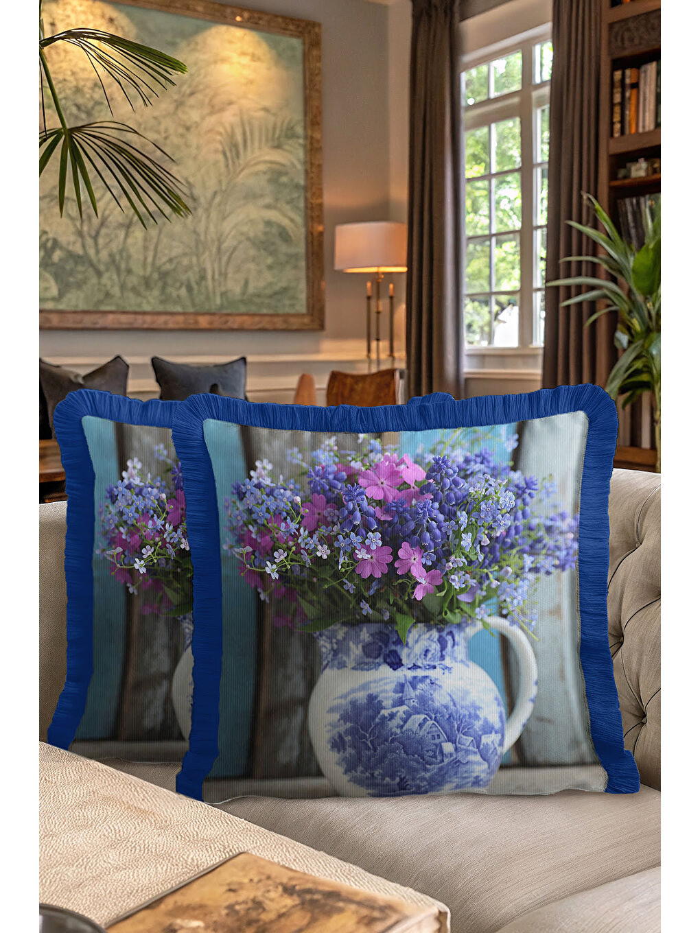 Karışık Lüks Çiçek Vazolu Saçaklı Yastık Kılıfı - Vintage Country Mavi Mor Püsküllü Kırlent Kılıfı-7
